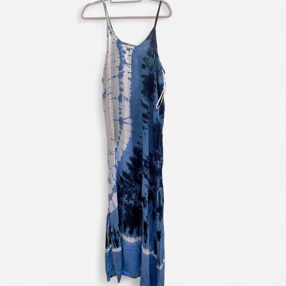 Aruba Blue & White Banded Tie-Dye Strappy Back Maxi Dress – Boho Large - Picture 3 of 7